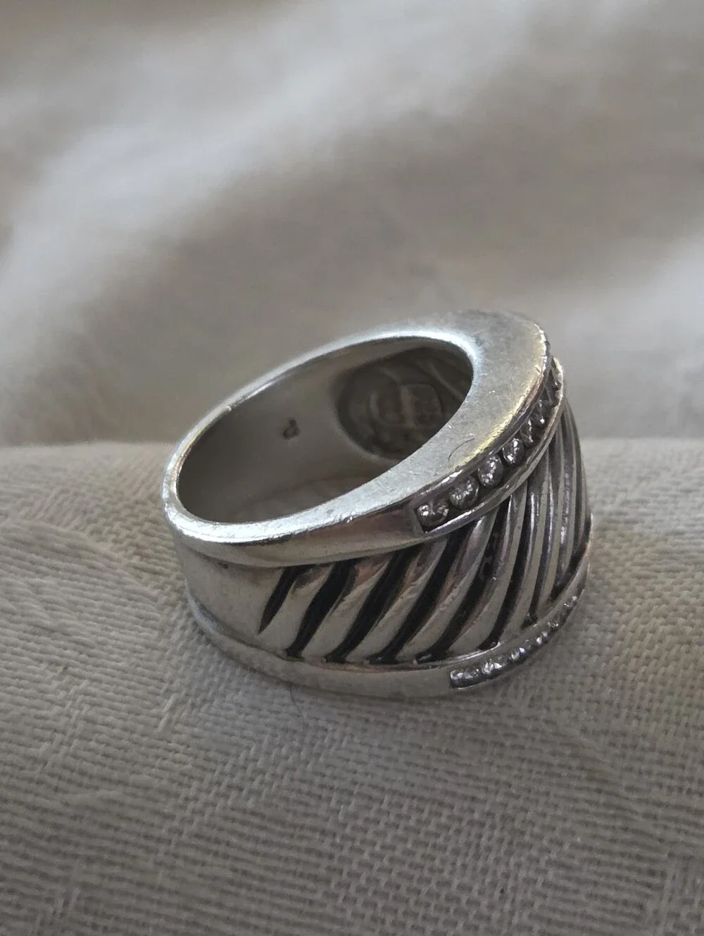 David Yurman Diamond Cable Cigar Band Ring, SS, Size 7